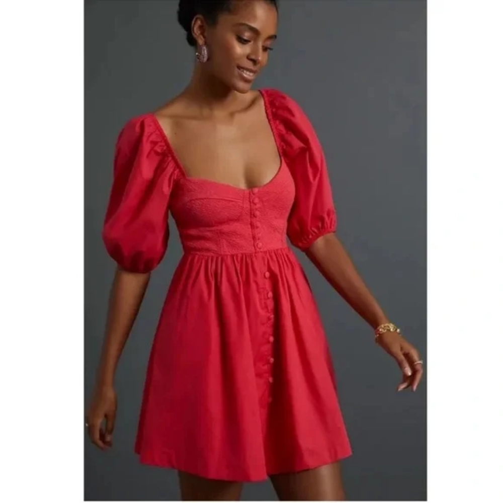 Anthropologie Maeve Puff Sleeve Sweetheart Mini Red Dress
